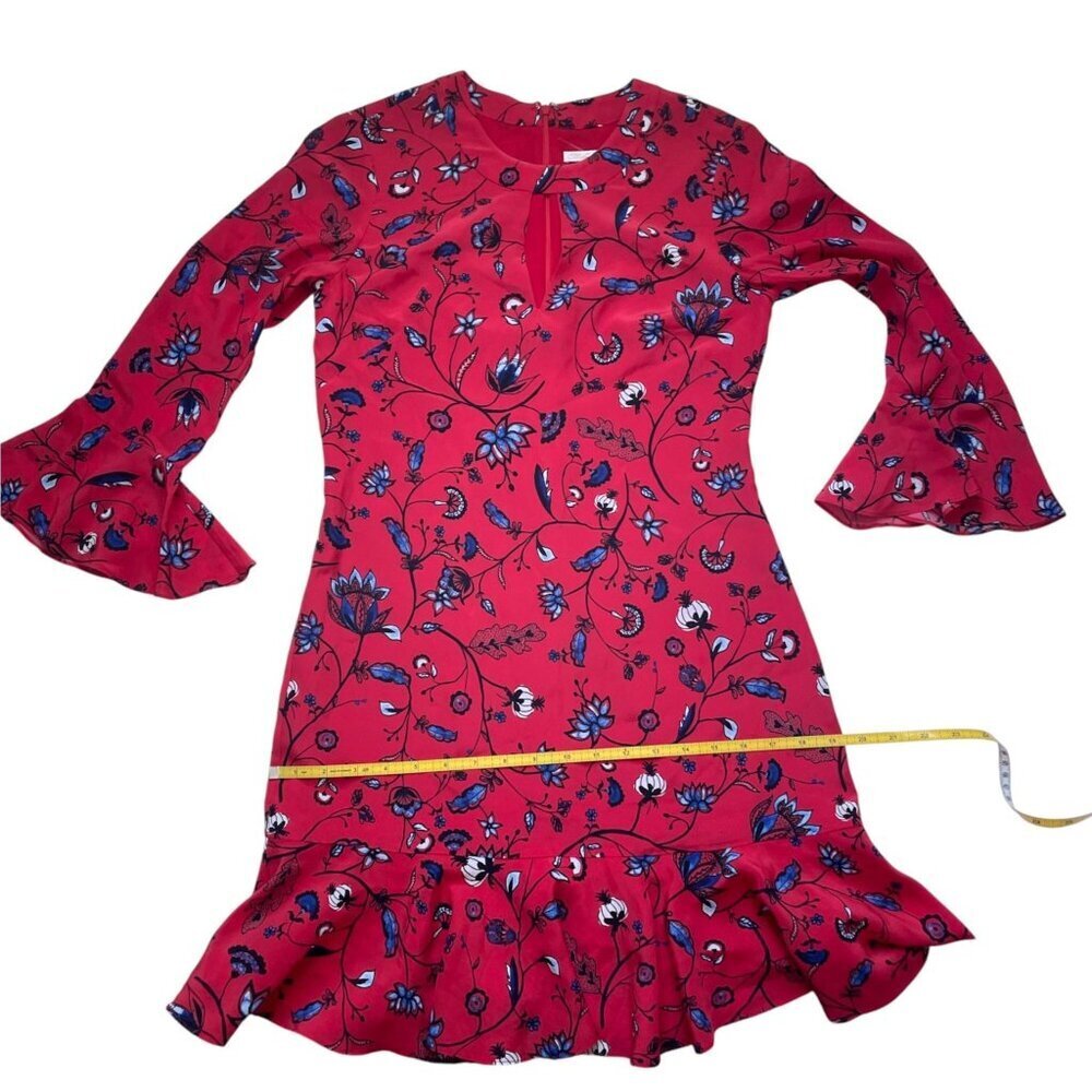 Shoshanna Red & Blue Floral Print Ruffle Bell Sleeve Silk Mini Dress SZ 2 - Picture 5 of 8